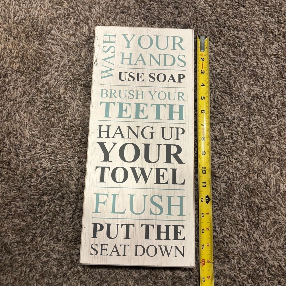 Bathroom Wall Sign with Blue and Black Text - Picture 1 of 2